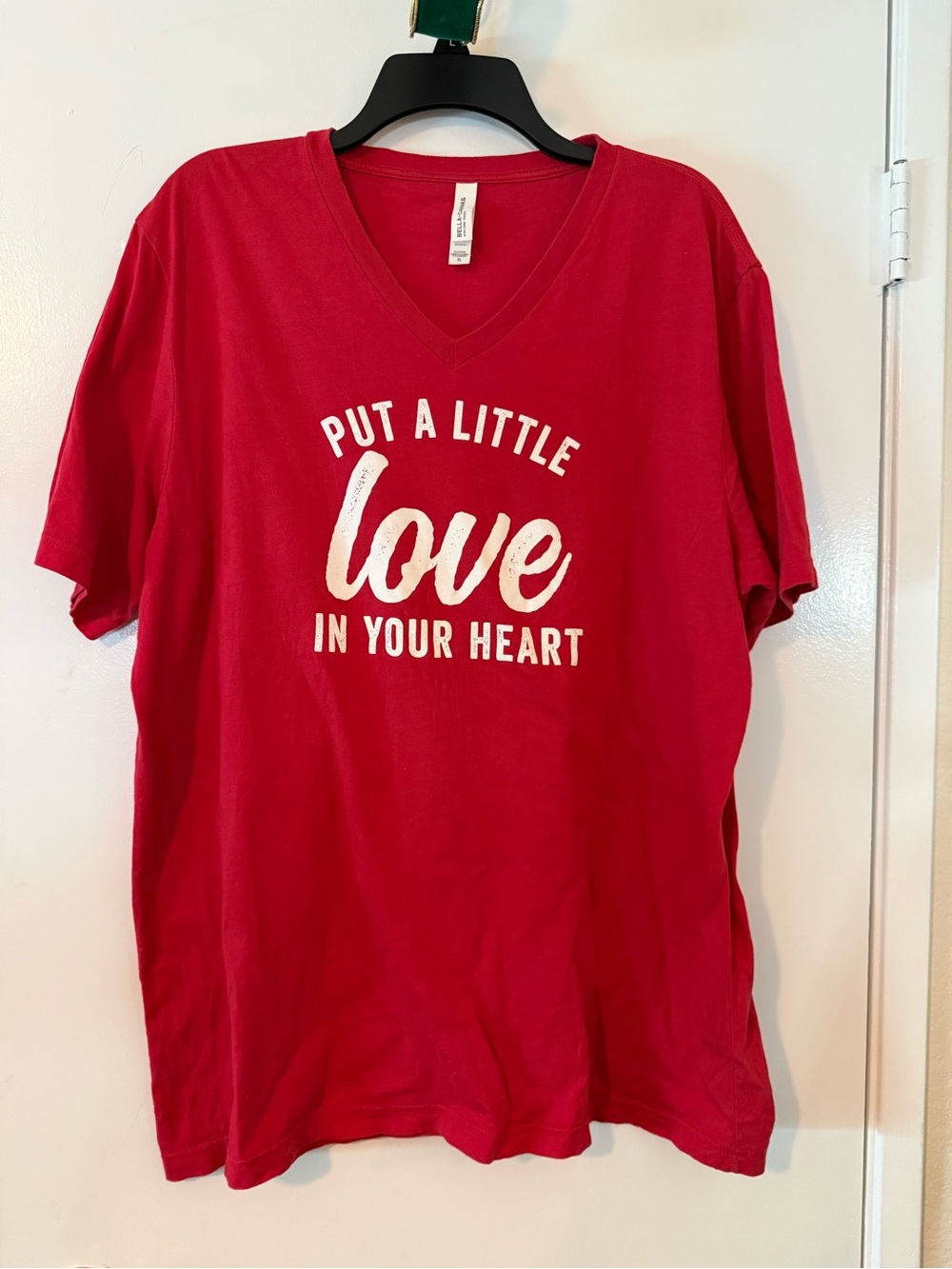 Bella Canvas Red V-Neck Tee with White 'Put a Little Love' Graphic